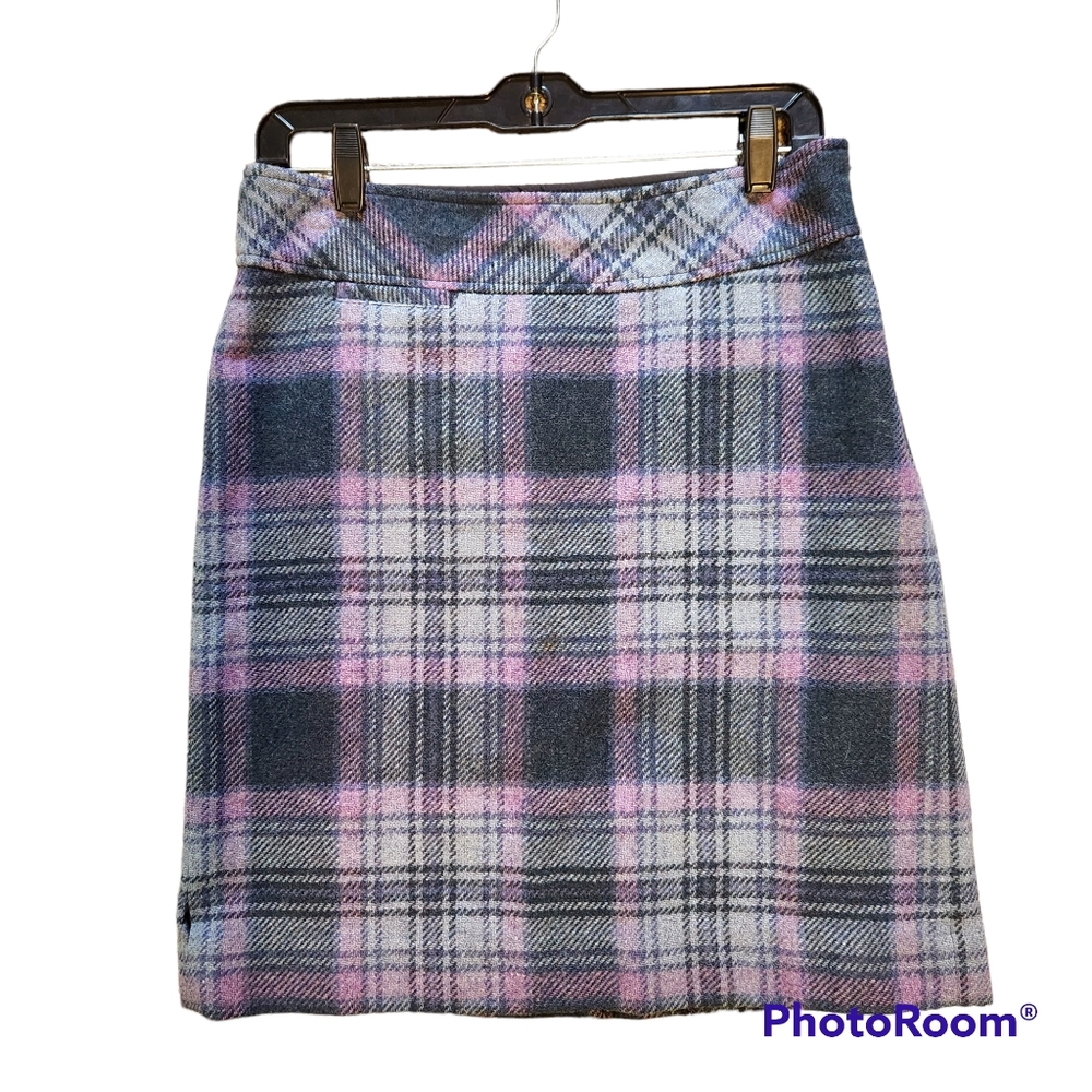 LL BEAN Wool Skirt Plaid Lined Gray Purple Preppy Academia Size 6 Petite/30" Vtg